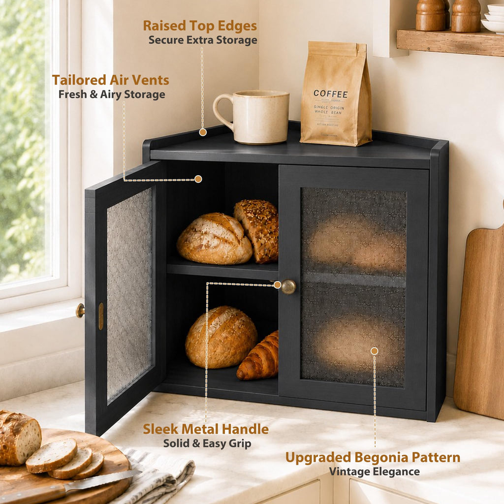 Black 2-Tier Wooden Corner Bread Box U90196