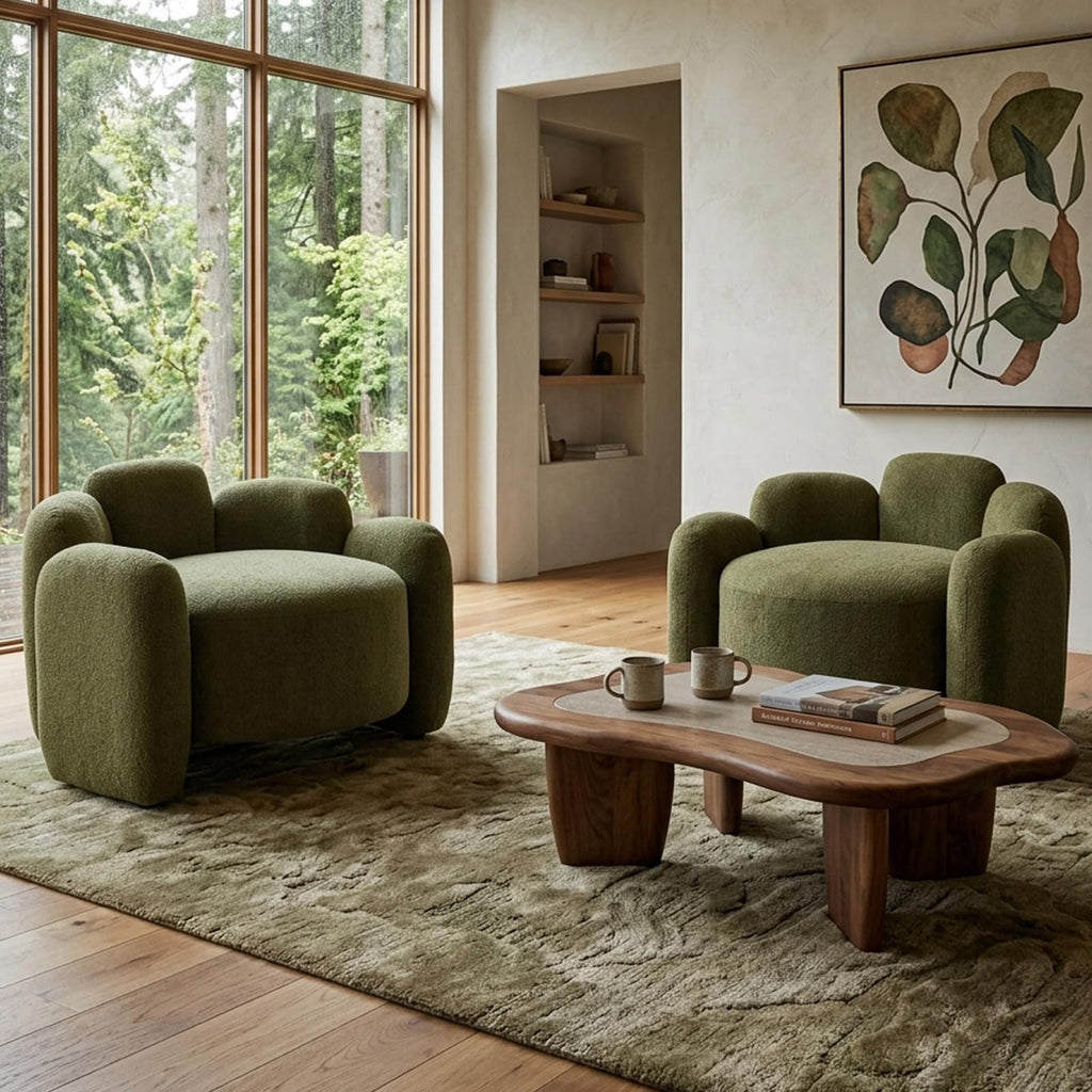 Green Mid-Century Modern Accent Chairs Set of 2 Upholstered Barrel Side Chairs with Solid Wood Base B3093