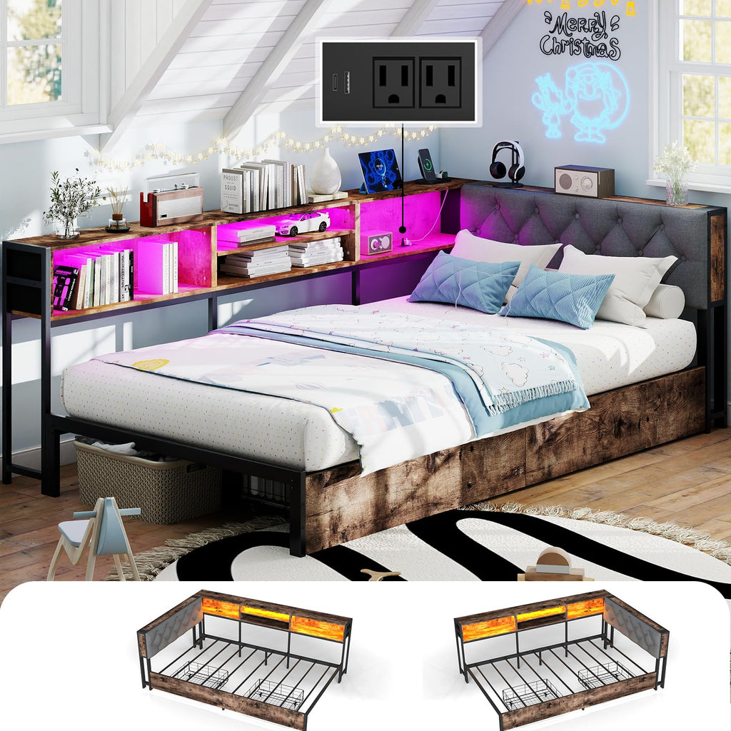 Twin Size Corner Bed Frame with Storage Bookcase E684