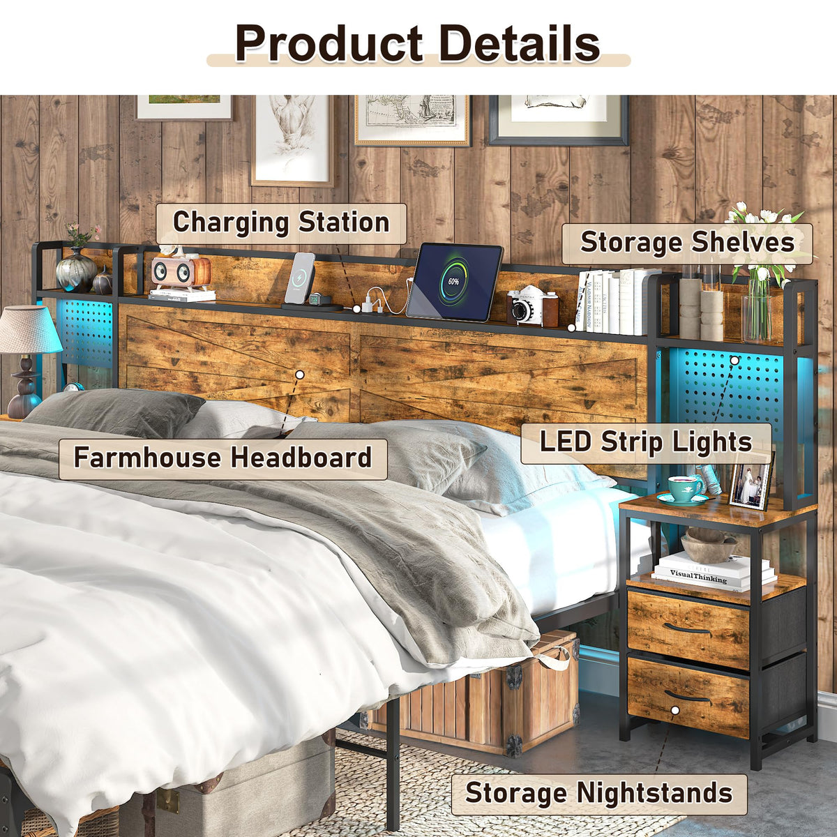 King Size Rustic Brown Bed Frame with Headboard and Nightstands I889060