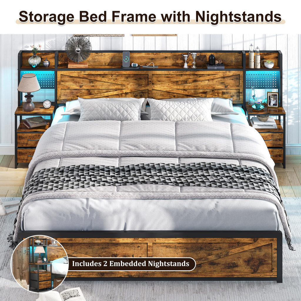 King Size Rustic Brown Bed Frame with Headboard and Nightstands I889060
