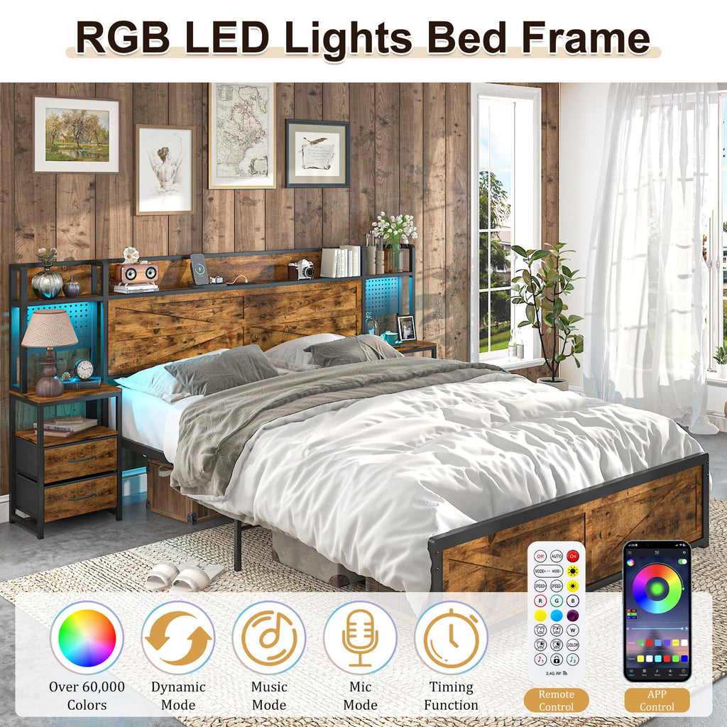 King Size Rustic Brown Bed Frame with Headboard and Nightstands I889060