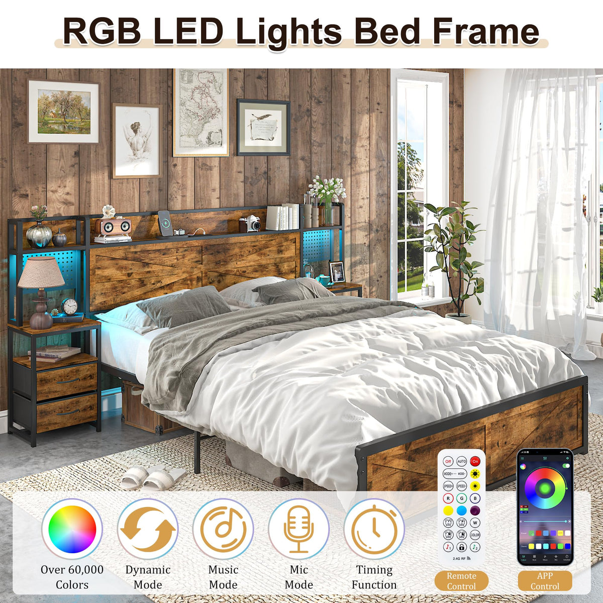 King Size Rustic Brown Bed Frame with Headboard and Nightstands I889060