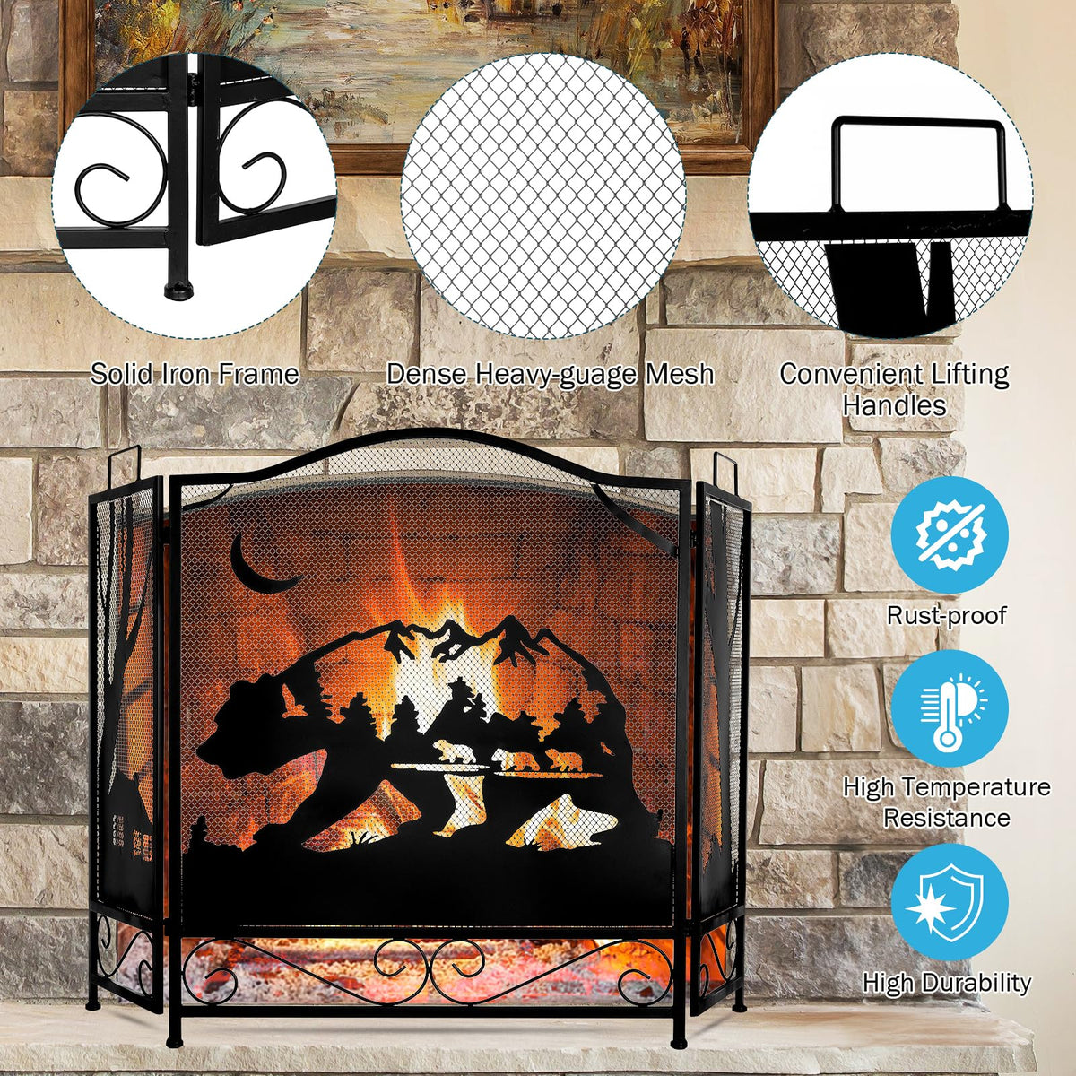 3-Panel Folding Metal Fireplace Screen Black Q961