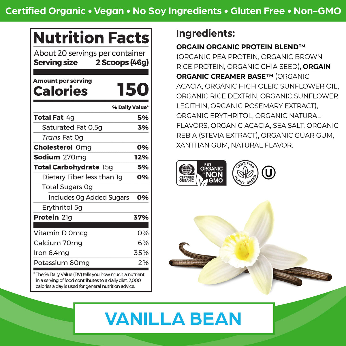 Organic Vegan Protein Powder Chocolate Peanut Butter and Vanilla Bean 4.06 Lbs J185