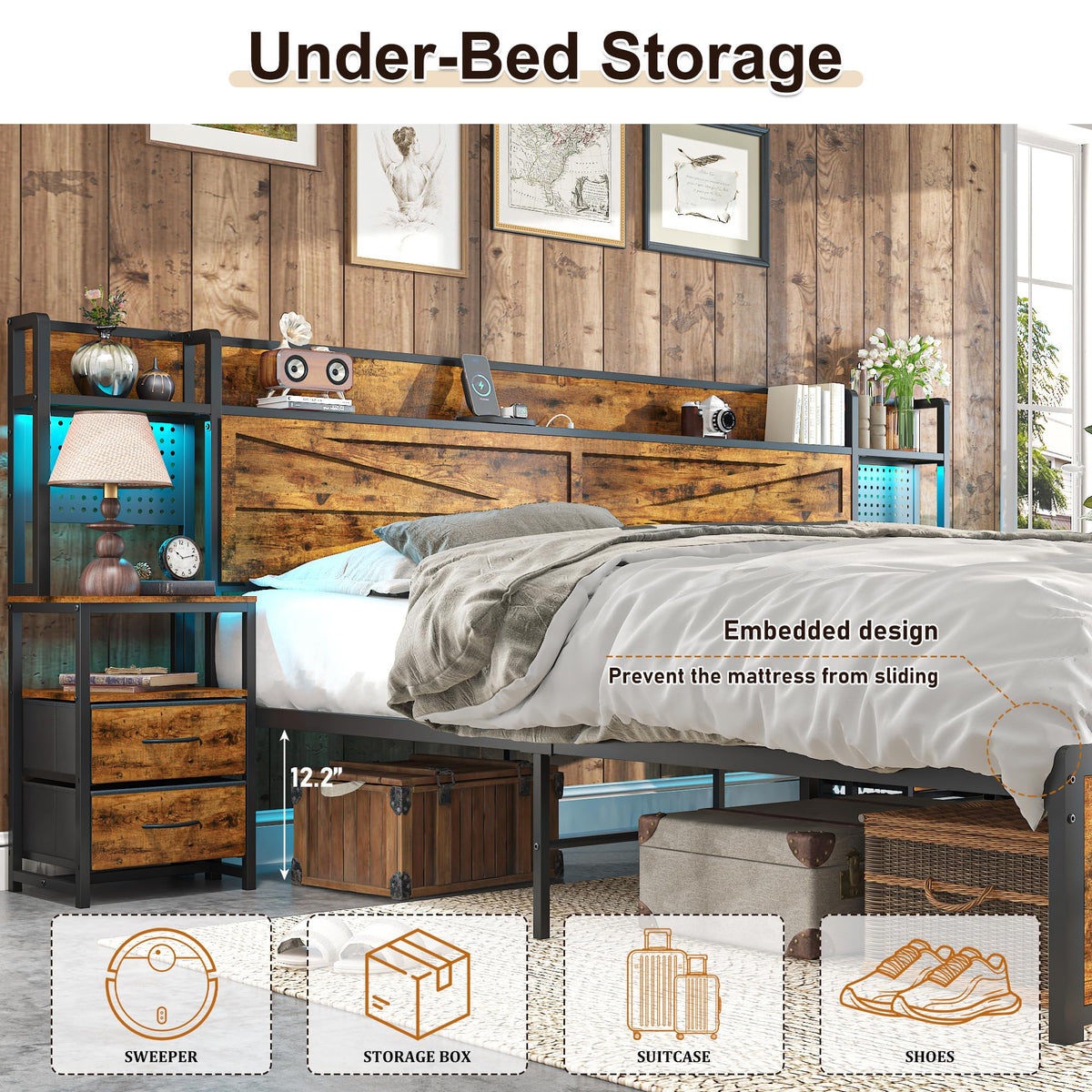 King Size Rustic Brown Bed Frame with Headboard and Nightstands I889060