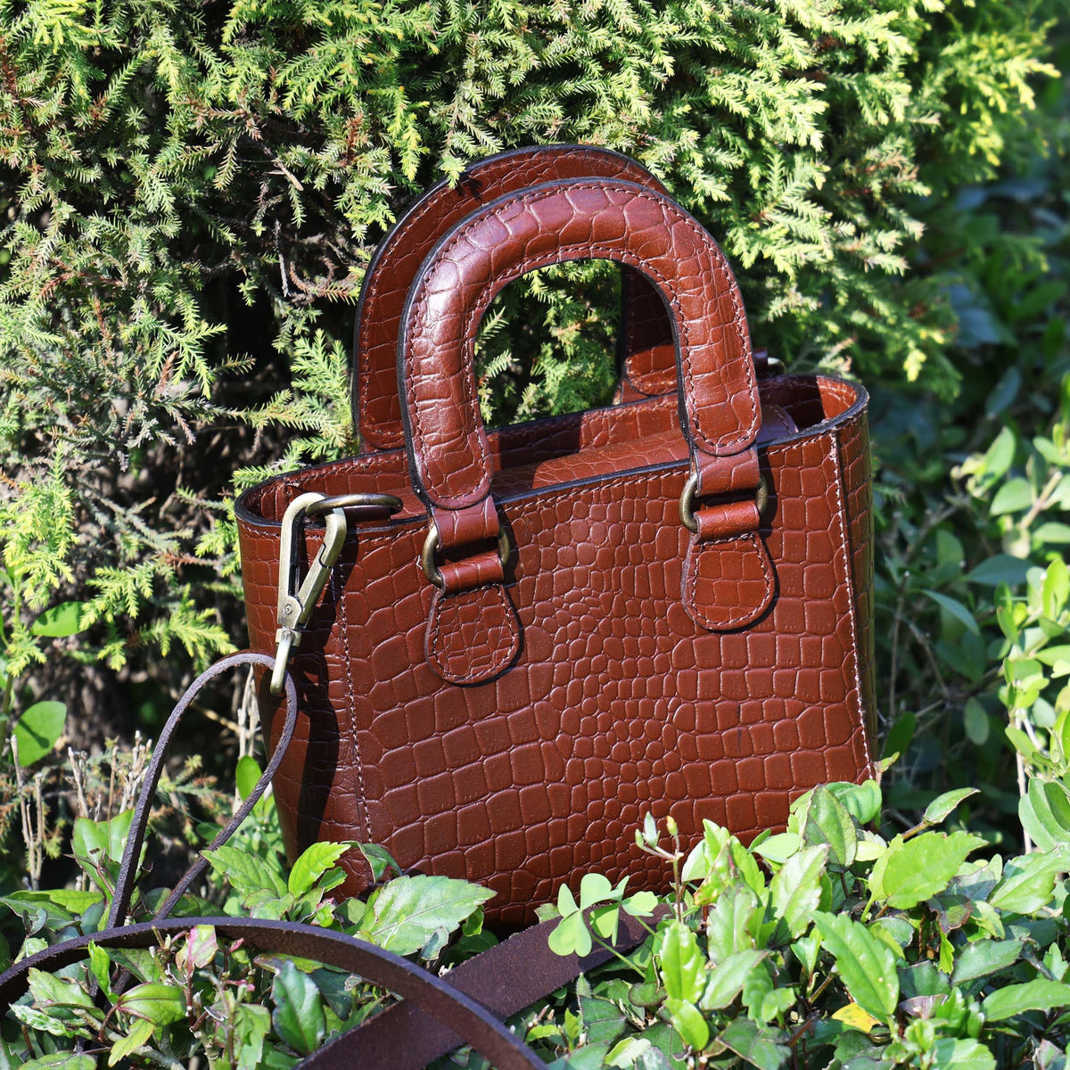 Tan Croc-Embossed Leather Mini Tote Crossbody Bag W131036