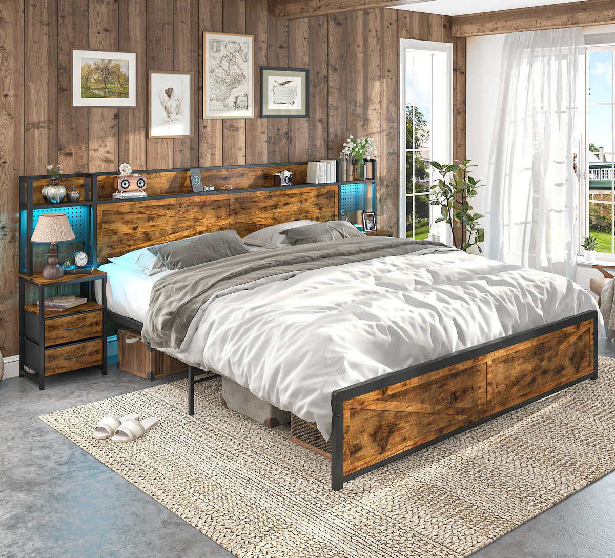 King Size Rustic Brown Bed Frame with Headboard and Nightstands I889060