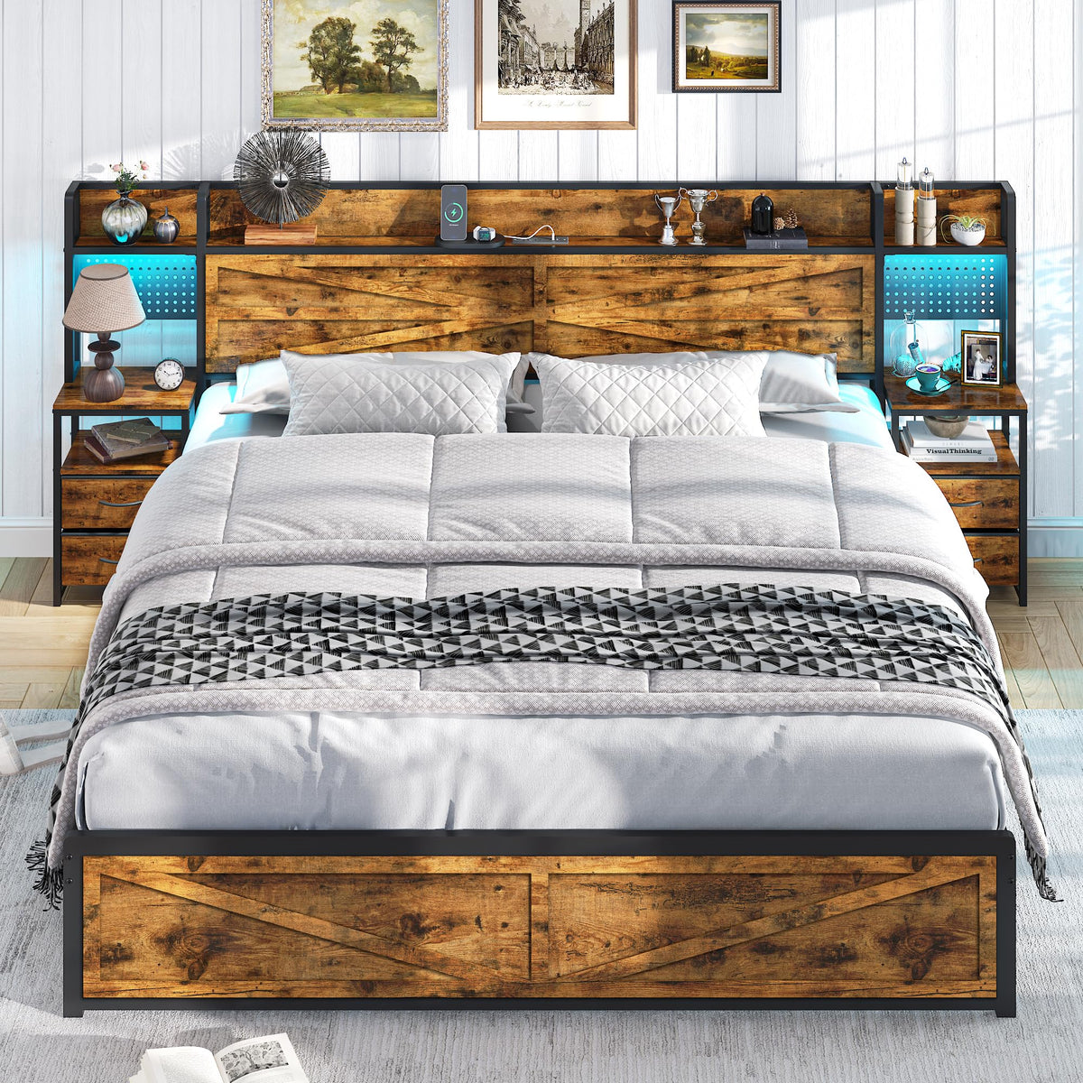 King Size Rustic Brown Bed Frame with Headboard and Nightstands I889060